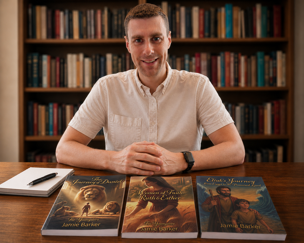 Jamie Barker, Christian children’s author and founder of Gospel Growers, with his books The Journey of Daniel, Women of Faith: Ruth & Esther, and Eliab’s Journey.