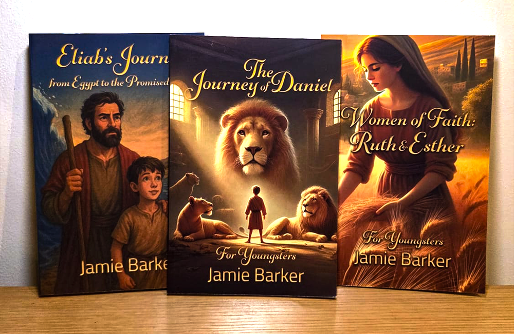Three Gospel Growers Bible-based books by Jamie Barker: Eliab’s Journey, The Journey of Daniel, and Women of Faith: Ruth & Esther