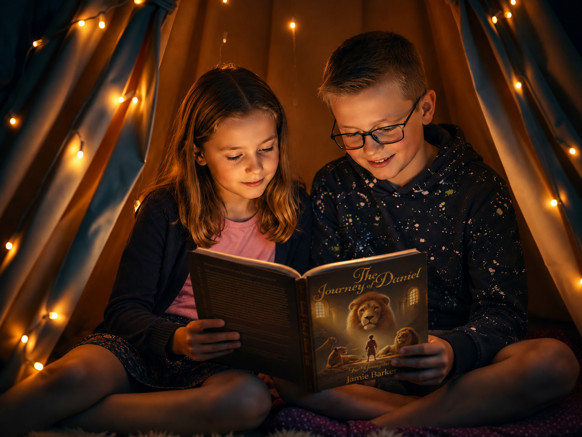Two children reading a Bible storybook together in a cosy fairy-lit tent
